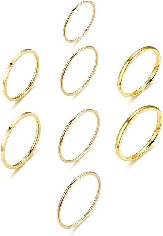 8 stuks gouden ringen voor dames, set stapelbare ringen, titaniumstaal, hoogglans gepolijst, eenvoudige ringen, gouden knokkelringen, maat 5, 6, 7, 8, smalle gouden ring, modesieraad