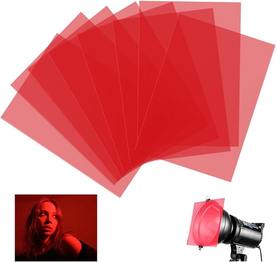 8 stuks hittebestendige folie voor lampen, rode folie transparant, 21 x 29,7 cm, kleurfolie voor ledlampen, folies A4, kleurfolies, fotografie voor fotolamp, koplamp, grafie, studio, stroboscoop