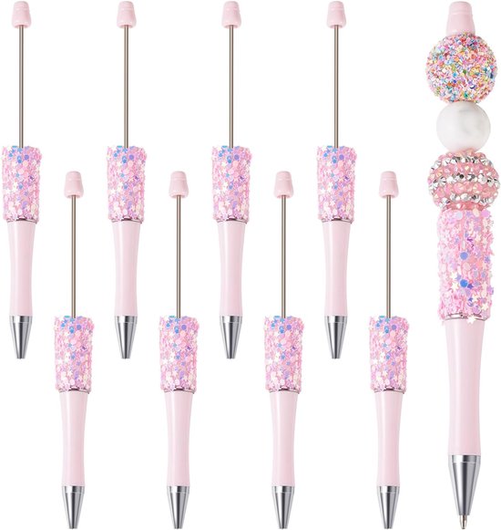8 stuks kralenpennen bling glitter strass kralen pennen doe-het-zelf plastic balpennen schacht zwarte inkt balpen voor doe-het-zelf pen decoraties benodigdheden kantoor school - roze