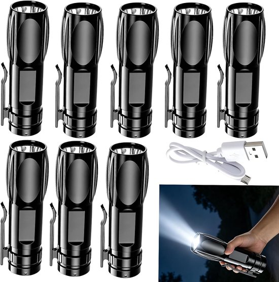 8 stuks mini-zaklamp led oplaadbaar: USB oplaadbare handlampen, superhelder & zoombaar met meertraps modus, draagbare zaklamp voor camping, noodgevallen en outdoor, waterdichte handlamp, zwart