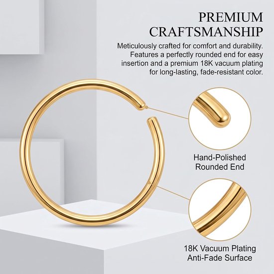 8 stuks neusstekers goud van chirurgisch staal, 4 paar, hypoallergeen, voor septum, helix, tragus, lippen, set neuspiercings, 20 g (0,8 mm), diameter 6 mm, 8 mm, 10 mm, 12 mm
