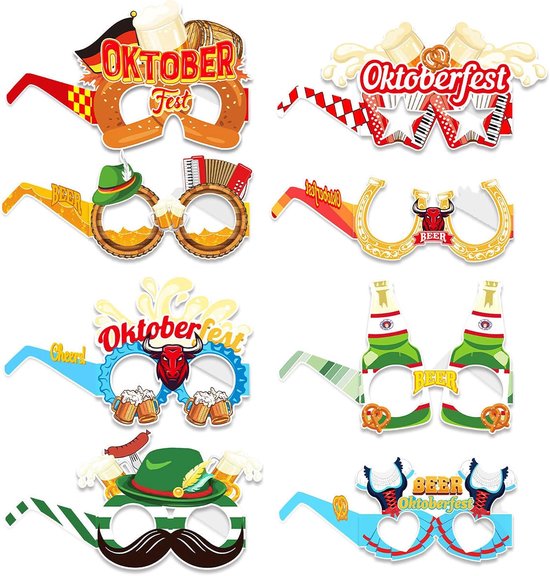 8 stuks Oktoberfest papieren brillen, Beierse feestdecoratie, fotobox rekwisieten voor Oktoberfest-feesten, grappige fotobril-accessoires, Wiesn decoratieset, stijl B