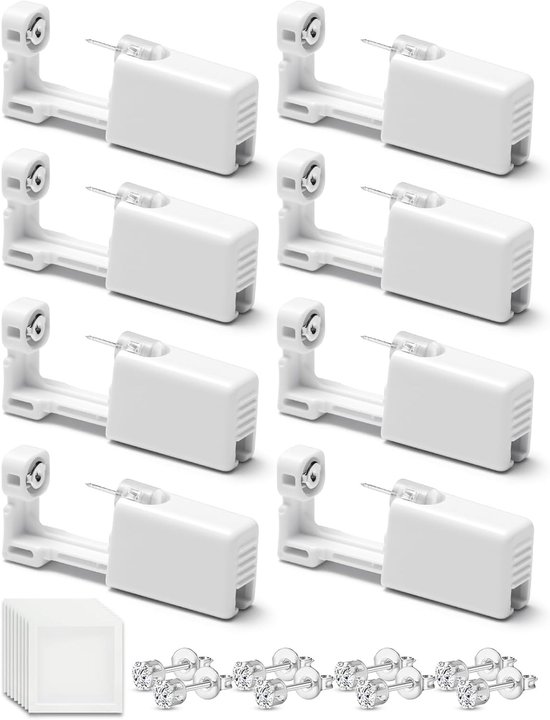 8 stuks oorpiercingpistoolset, pijnvrije wegwerpbare steriele zelfpiercingset met 8 oorknopjes van medische kwaliteit, zilver/goud en doekjes voor tieners, vrouwen, mannen, meisjes, jongens en