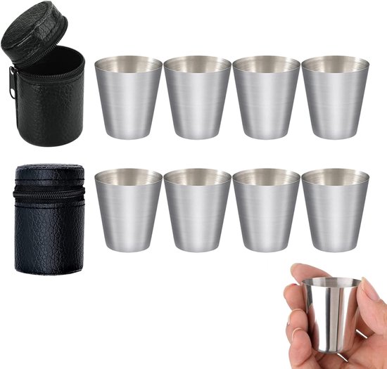 8 stuks roestvrijstalen bekers, stapelbare metalen borrelglazen, 30 ml, heupbeker met lederen tas, voor outdoor, vakantie, camping
