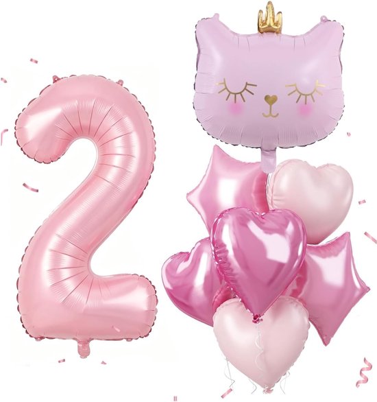 8 stuks schattige kattendecoratie 2e verjaardag, cartoonthema ballonnen verjaardag, roze verjaardagsdecoratie 2 jaar, folieballon nummer 2, hart en ster folieballon, voor verjaardagsfeest, ballonnen