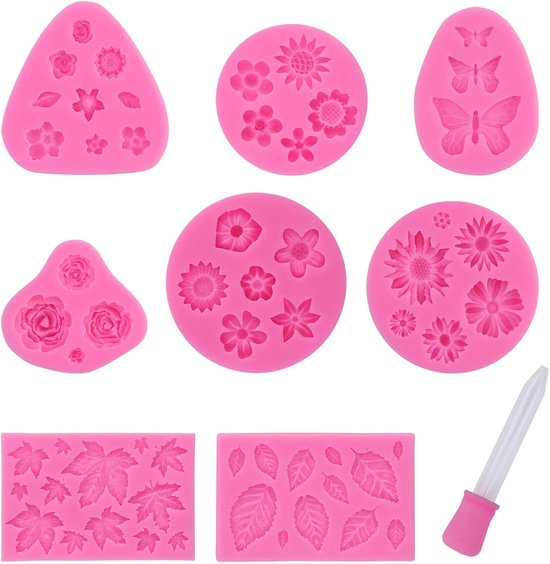 8 stuks siliconen bloemenvormen, 3D mini-bakvorm, fondant gietvorm vlinder met 1 roze druppelper, voor gelei, fondant, chocolade, ijs, kaarsen, lijm (roze)