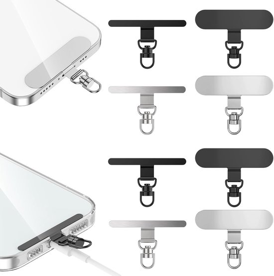 8 stuks telefoonbevestigingen, mobiele telefoon patch van roestvrij staal, 360° draaibaar, ultradun telefoonkoord, 0,3 mm, telefoonhouder voor koord, zilver en zwart