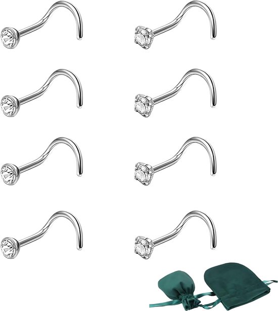 8 stuks titanium neuspiercing, neusring glitter, ring nostril oorbellen, neusringen, stud, met donkergroen fluwelen zakje, veroorzaakt niet gemakkelijk allergieën, voor mannen en vrouwen