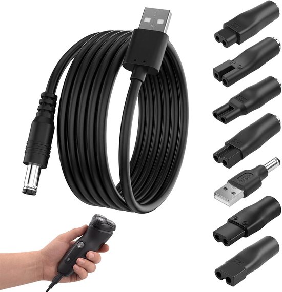 8 stuks universele oplader voor tondeuse met 7 reserveopzetstukken, stroomkabel 5 V, USB-kabel voor elektrisch scheerapparaat en tondeuse voor reizen, compatibel met Philips Braun Wahl Babyliss