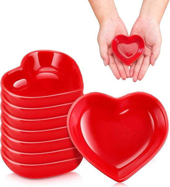 8 stuks Valentijnsdag hartpatroon snoepschotels keramische kommen liefdessaus bijgerecht multifunctionele serveerschalen hartvormige dipkommen snoep sushi kruiden kom voor verjaardagsfeestje (rood)