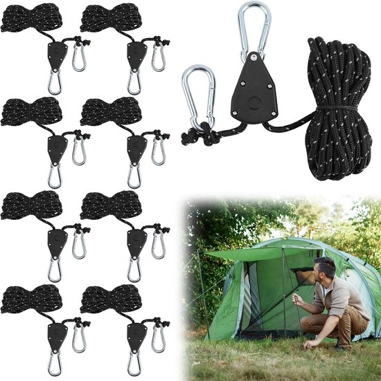 8 stuks verstelbare touwratels, 4 m spankabels met touwspanner, ratelhaken, zware ratels, voor het kweken van planten, lamp, tent, wandelen