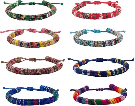 8 stuks verstelbare vriendschapsarmbanden, geluksarmband van handgevlochten touw, kleurrijke surfarmbanden voor heren, dames en jongens, enkelbandje van stof, boho