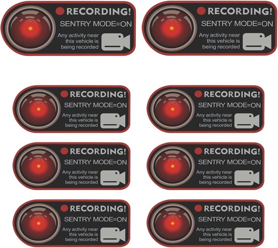 8 stuks waarschuwingsstickers videobewaking, statische raamstickers en buitenkleeffolie voor dashcam en Sentry Mode, camera-waarschuwingsbord voor auto en auto, 11 x 5 cm, zonder resten te