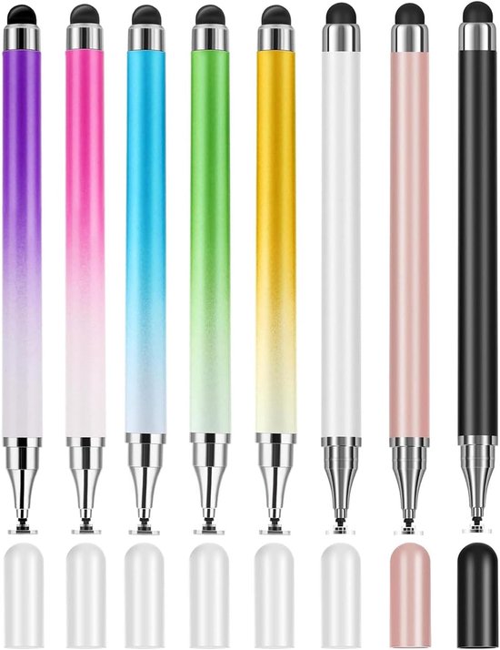 8 x stylus voor tablet, stylus voor alle tablets, 2-in-1 touchscreen-pen, met alle mobiele telefoons/tablets, met siliconen pendop