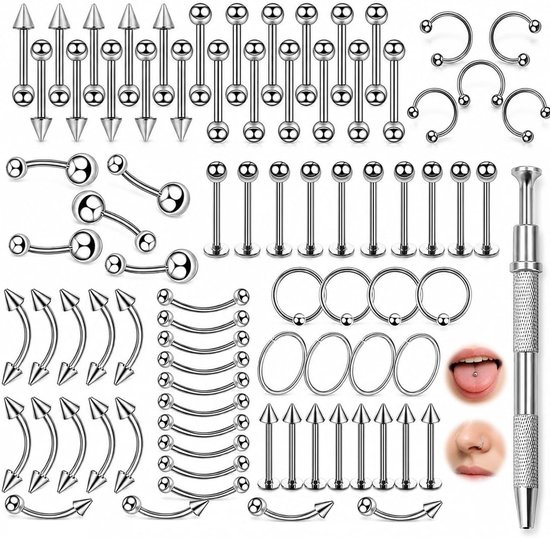 85 Stuks Set Geperforeerd,Oor Piercing,Piercing,Met Naaldgidsen,Roestvrij Staal,Hypoallergeen,Multifunctioneel,Te Gebruiken Op Meerdere Lichaamsdelen