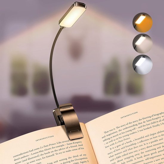 9 LED Clip op Boek Licht, 3 Eye-Protecting Modes Flexibele Leeslamp Boek Lamp (Warm&Cool Wit Licht) -Traploos Dimmen, Oplaadbaar, Lange Batterijlevensduur, 4-Level Power Indicator van Merkloos