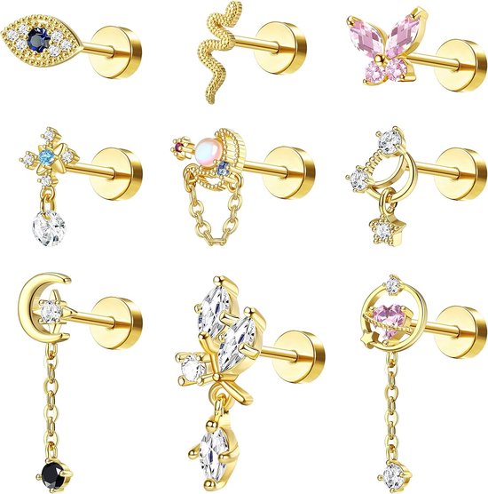 9 Stks Stud Oorbellen Voor Vrouwen 16G Kraakbeen Oorbellen Hart Ster CZ Dangle Oorbellen Vlinder Rvs Platte Terug Oorbellen Snake Boze Oog Tragus Helix Conch Piercing Sieraden