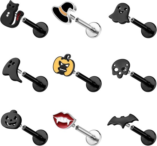 9 stuks 16G roestvrij stalen labret-lippiercing, binnendraad, Halloween spookkop, medusa Monroe piercingsieraad, platte conch tragus-oorbellen voor dames en heren