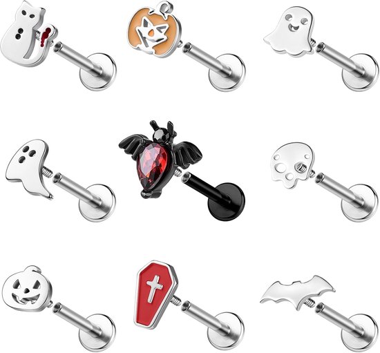 9 stuks 16G staal labret piercing, Halloween geest doodshoofd Medusa Monroe piercing, platte conch tragus oorringen