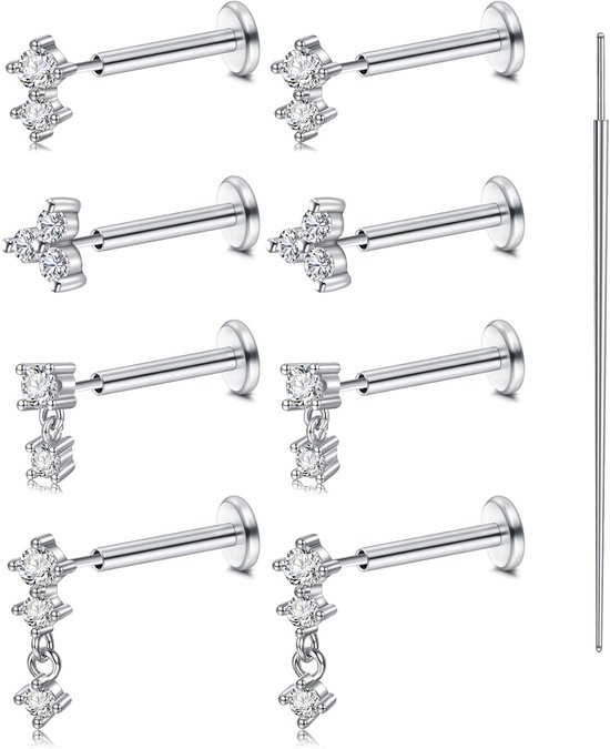 9 stuks Flat Back oorbellen voor dames, roestvrij staal, zonder schroefdraad, 20 g, 8 mm push-in neussteker met zirkonia, helix, tragus, conch, daith, rook, cartilage, lippen, labret, piercing
