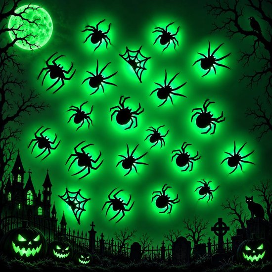 9 stuks groene ledlampen, 3D-spinnendecoratie, led-Halloween-decoratie, spinnenstickers met 9 verschillende maten, helloween decoraties, spinnen, ledverlichting, paars, voor ramen, deur, muur