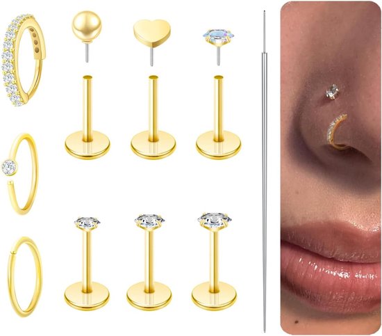 9 stuks helix piercings chirurgisch staal neuspiercing steker, neuspiercing titanium hypoallergene neusring dunne conch rook platte piercing oor goud tragus oorbellen set dames piercing sieraden