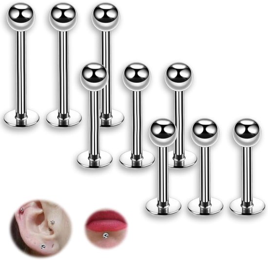 9 stuks oorstekers, labret-piercing met zirkonia, helixpiercing, chirurgisch staal, slakkenpiercing, traguspiercing, lippiercing, M, Metaal