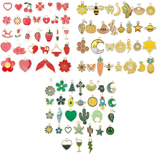 90 stuks armbandbedels voor het maken van sieraden, oorbellen, bedels, groothandel, bulksieraden, voor doe-het-zelf armbanden, halskettingen, handwerk (rood + groen + geel)