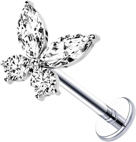 925 sterling zilver lippiercing helix tragus kraakbeen steker vlinder bloem steen piercing lip stud