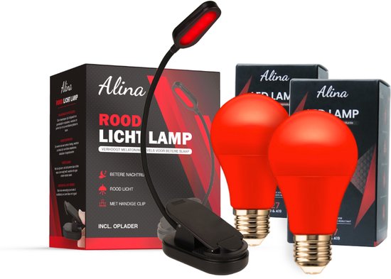 Alinastore Roodlicht Lampen Bundel – 2x LED Rood Licht: E27 Indraailamp & 1x Roodlicht Leeslampje met Klem – Flikkervrij Roodlicht – Stimuleert Melatonine, Ondersteunt Bioritme & Slaap van Alinastore