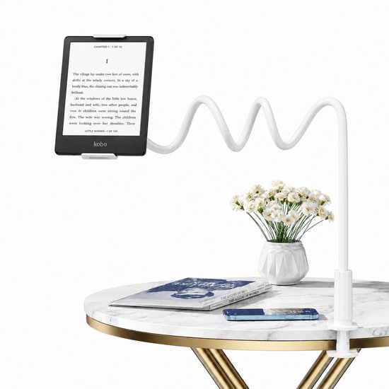 Ancor e-reader houder - E-reader houder voor in bed - Flexibele arm met klem - Voor bed en bureau - 360 draaibaar - Wit