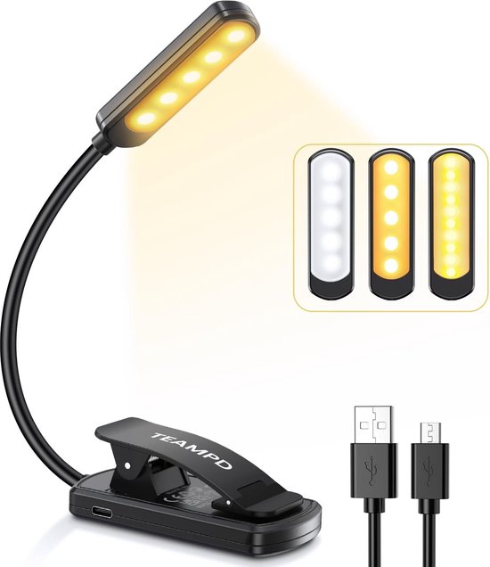 Anti-Blauw Oogbescherming Boek Licht - 10 LEDs, 3 Kleuren Verlichting, Instelbare Helderheid, USB Oplaadbaar Mini Clip Leeslampje van Merkloos