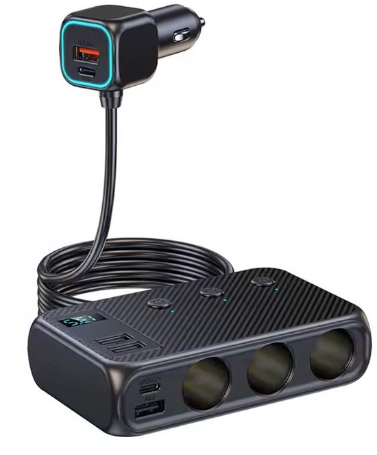 Auto Sigarettenaansteker Splitter - 12V/24V USB Autolader Adapter - Auto Oplader met 9 Aansluitingen - 4 USB + 2 USB-C + 3 Sigarettenaanstekers - 171W Verdeler / Omvormer - Autostekker van Merkloos