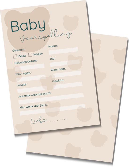 Babyshower Invulkaarten Beer Beige - Voorspelling - Babyshower Meisje / Jongen - 20 stuks - A6 Formaat - Stevig Karton van Luvion