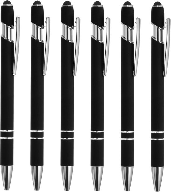 Balpen 6 Pack - 2 in 1 metalen pen - zwarte inkt 1,0 mm medium punt - stylus tip voor touchscreens - ServiceTopper