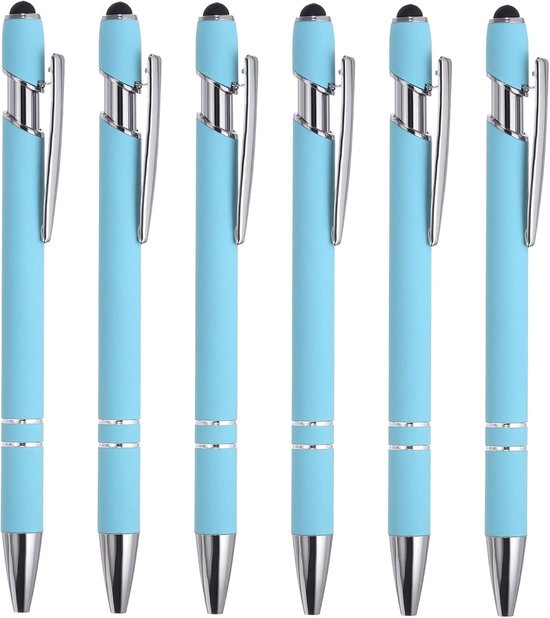 Balpen met stylus tip 1,0 mm - 6 stuks - metalen pen lichtblauw - ideaal voor touchscreens - ServiceTopper
