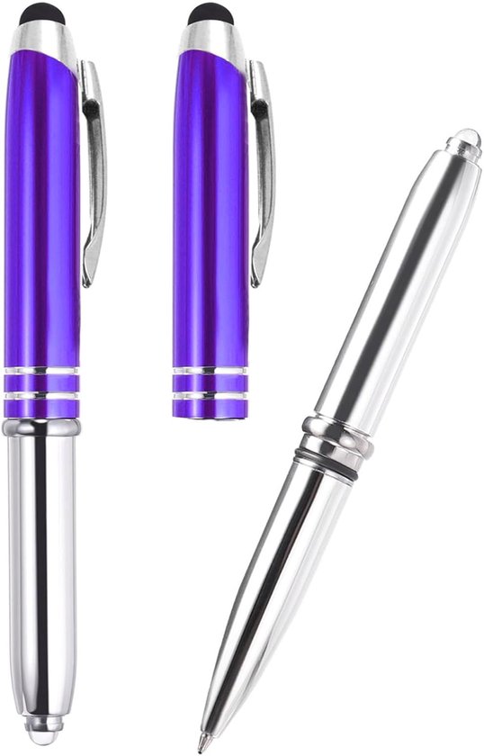 Balpen met styluspunt en LED-zaklamp, 2 stuks 3 in 1 metalen pen zwarte inkt 1,0 mm medium punt stylus pen voor touchscreens, blauw