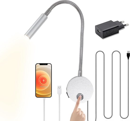 Bedlampjes Leeslampjes - Touch Dimbaar - USB Oplaadpoort - LED - 360° Flexibel - Zilver - Leeslampje - Bedlampjes Leeslampjes Boxspring - Leeslampje Boek - Bedlampjes Slaapkamer - Bedlampjes Slaapkamer Volwassenen - Bedlampjes Hoofdbord van Merkloos