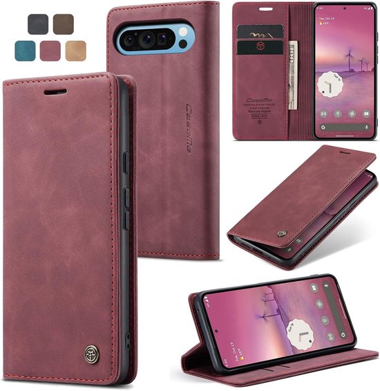 Beschermende Hoes voor Pixel 9 Pro XL - Magneet Wallet Case, Schokbestendig, Standfunctie en Kaartsleuf in Wijnrood