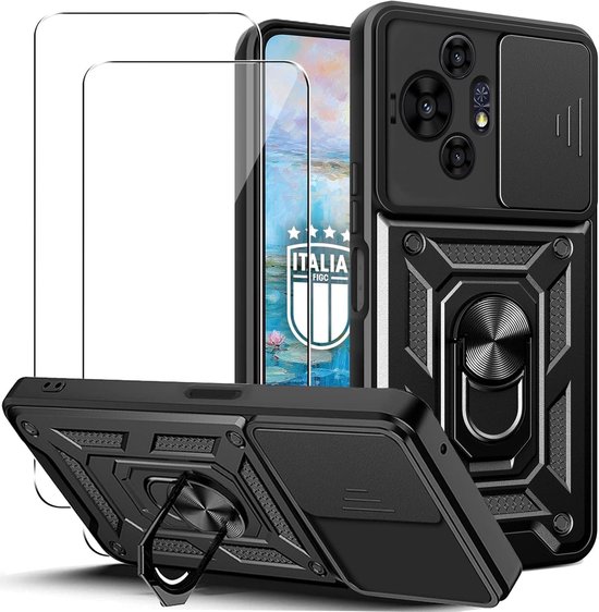 Beschermende Hoes voor TCL 50 Nxtpaper 5G met Camera Bescherming en Ringhouder + 2 Stuks Tempered Glass, Schokbestendig en Krastbestendig, Zwart