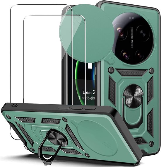 Beschermende Hoes voor Xiaomi 17 Ultra 5G met Schuiflens en Draaibare Stand + 2 Stuks Tempered Glass, Schokbestendig en Militaire Kwaliteit Groene Hard Shell Cover