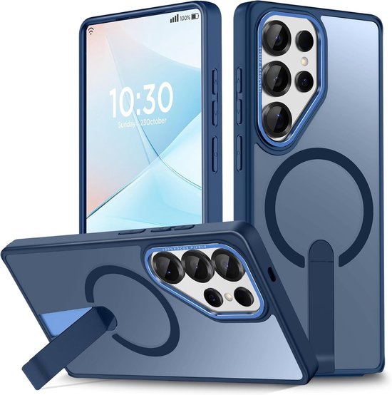 Beschermhoes met standaard voor Galaxy S26 Ultra, schokbestendig en mat, compatibel met MagSafe, blauw en doorzichtig