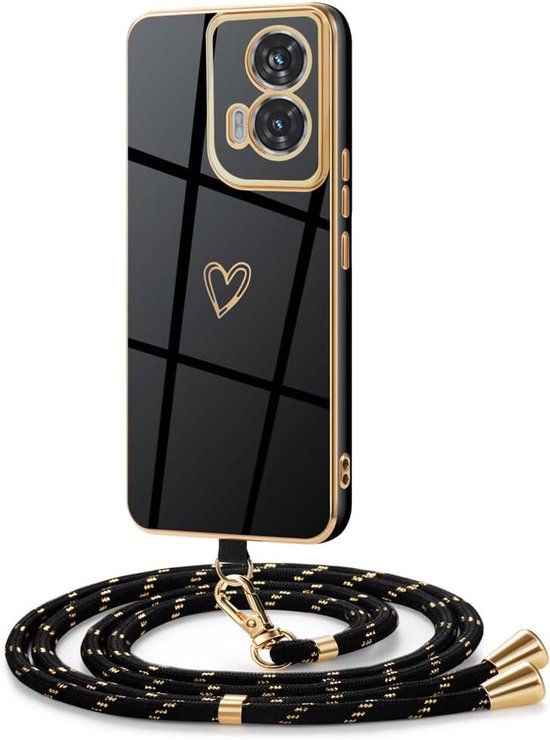 Beschermhoes voor Motorola Edge 50 Fusion met Lanyard, Siliconen Hoes, Hartvormige Bescherming, Verstelbare Draagriem, Zwart en Goud