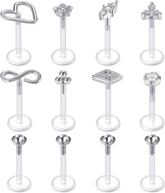 Bioflex Lippenstangen, labret, tragus, helix, kraakbeen, oorstekers, van flexibel kunststof, 16 g, 6/8/10 mm, 12 stuks