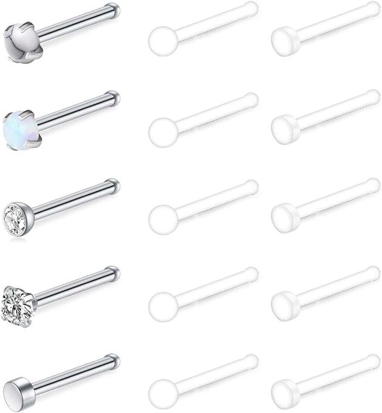 Bioflex neuspiercing, 18 g/20 g, doorzichtig, 38-50 stuks, roestvrij staal, CZ neuspiercing, Metaal