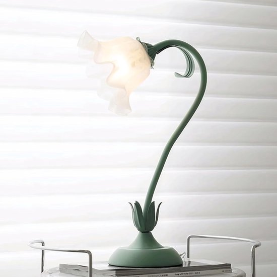 Bloemvormige tafellamp, groene kleine tafellamp met bloemmotief en glazen lampenkap, lelietje-van-de-dalen lamp voor woonkamer en slaapkamer (5W) (groen)