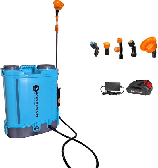 Borg Rugspuit op Accu - 20 liter - Drukspuit - Onkruidspuit - 18 Volt Accu - 2.6 Ah - Stalen Lans - Inclusief diverse Nozzles van Merkloos	