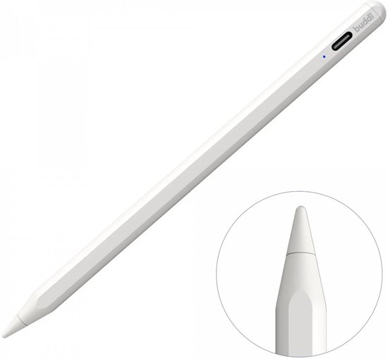Buddi Flow Universele Actieve Stylus Pen met USB-C Poort - Kantelgevoelig - Magnetisch - Geschikt Voor o.a. Tekenen - Extra Tip - Geschikt voor Tablet, Telefoon en iPad - Wit