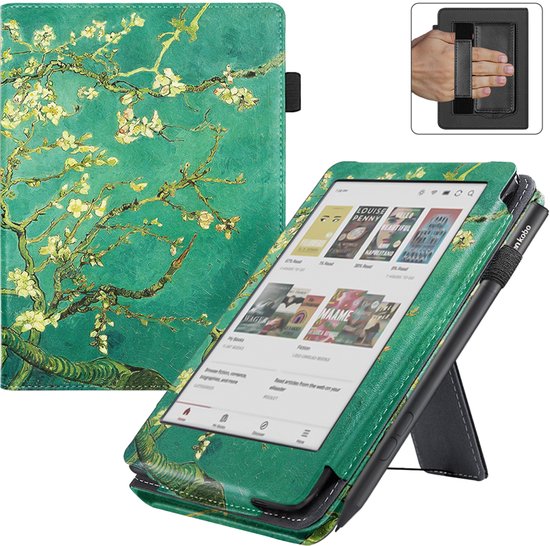 BukkitBow - Beschermhoes geschikt voor Kobo Clara BW - E-reader Cover - Smart Sleep Cover - Bloemen / Bloesem motief - Groen van BukkitBow