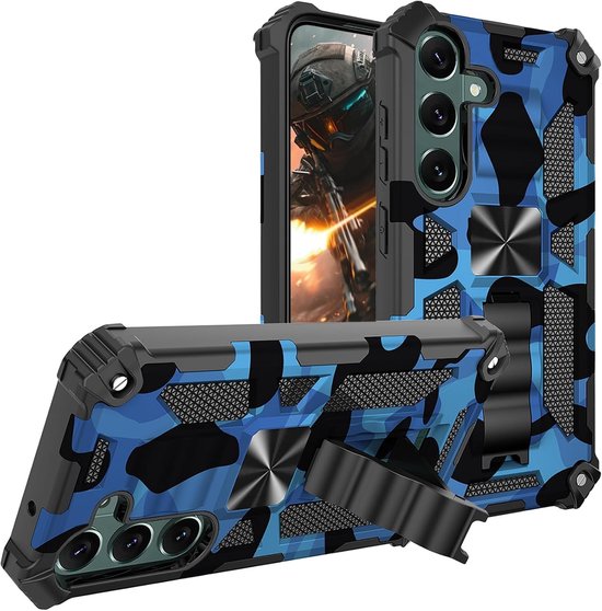 Camouflage Rugged Beschermhoesje voor Samsung Galaxy S25 FE met Standaard, Ideaal voor Militairen en Outdoor Activiteiten, Blauw